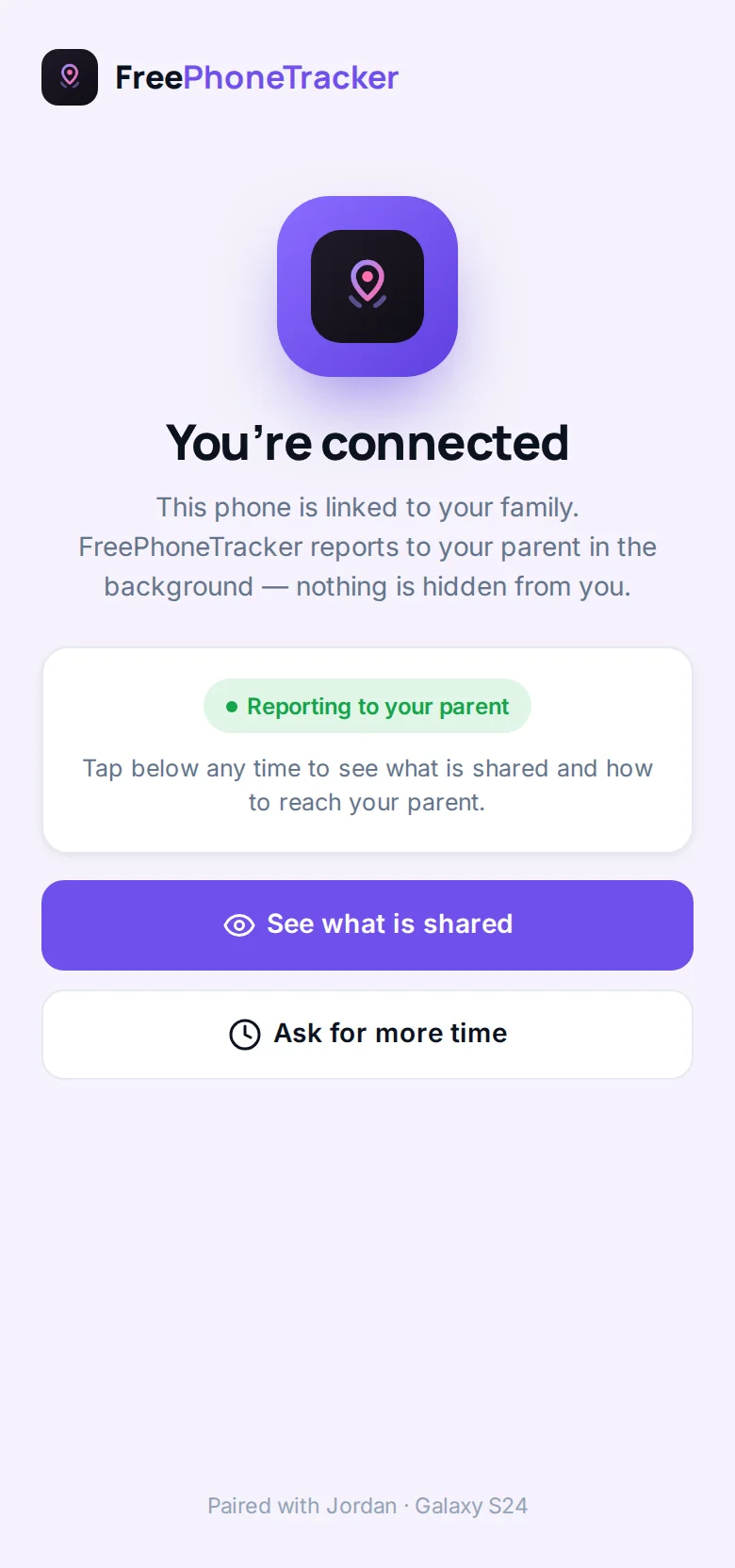 The child app confirming a successful pairing