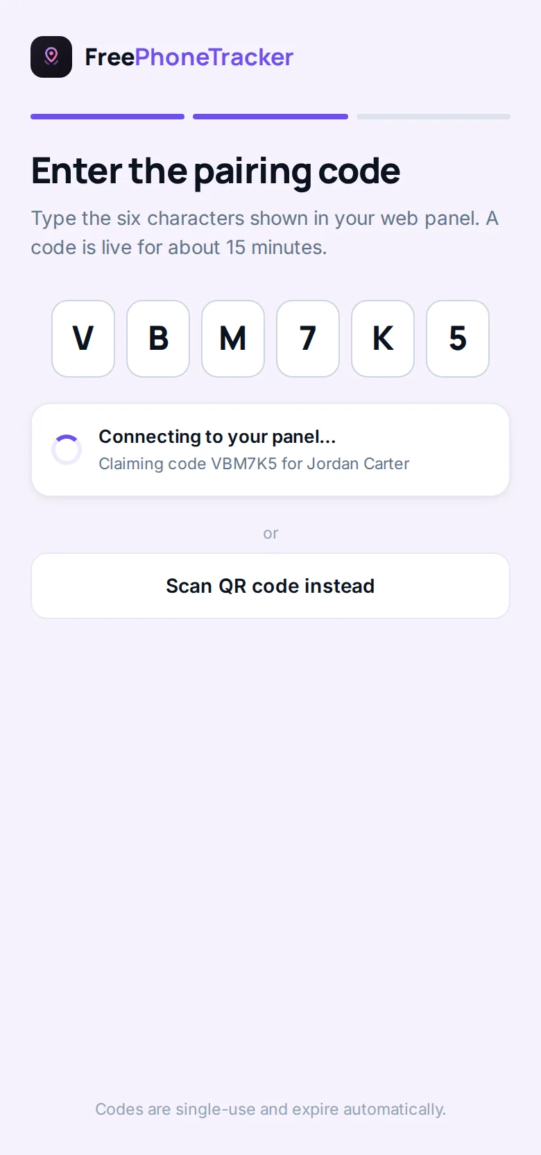 The FreePhoneTracker child app open on the pairing-code screen