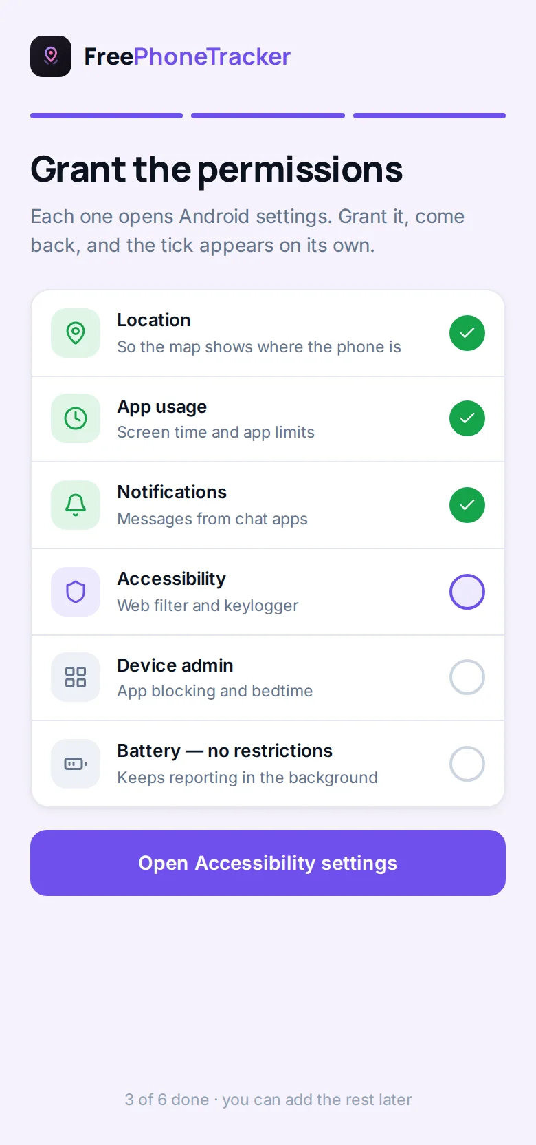The permissions checklist on the child app, granting location, usage and accessibility