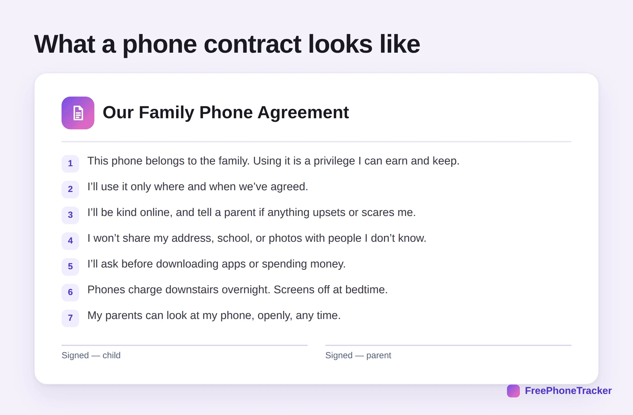An example family phone contract with numbered clauses and signature lines