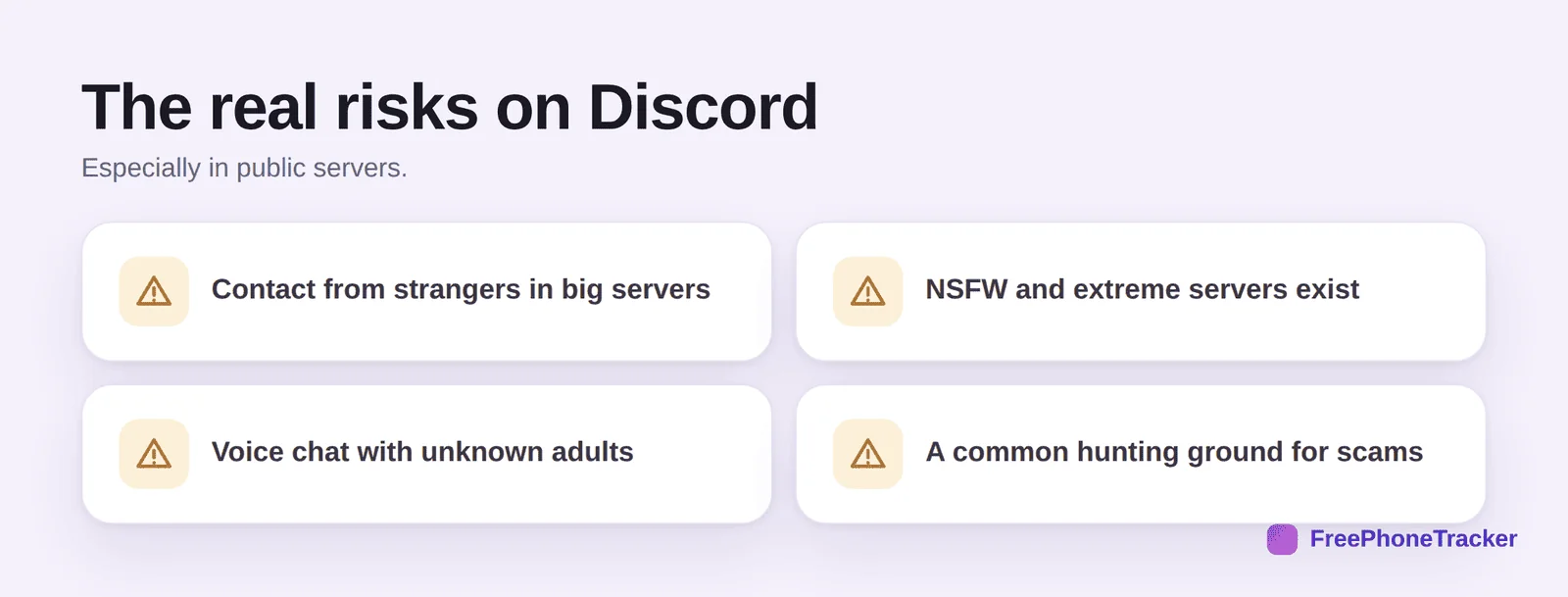The real risks on Discord: strangers in public servers, NSFW servers, voice chat with adults, scams