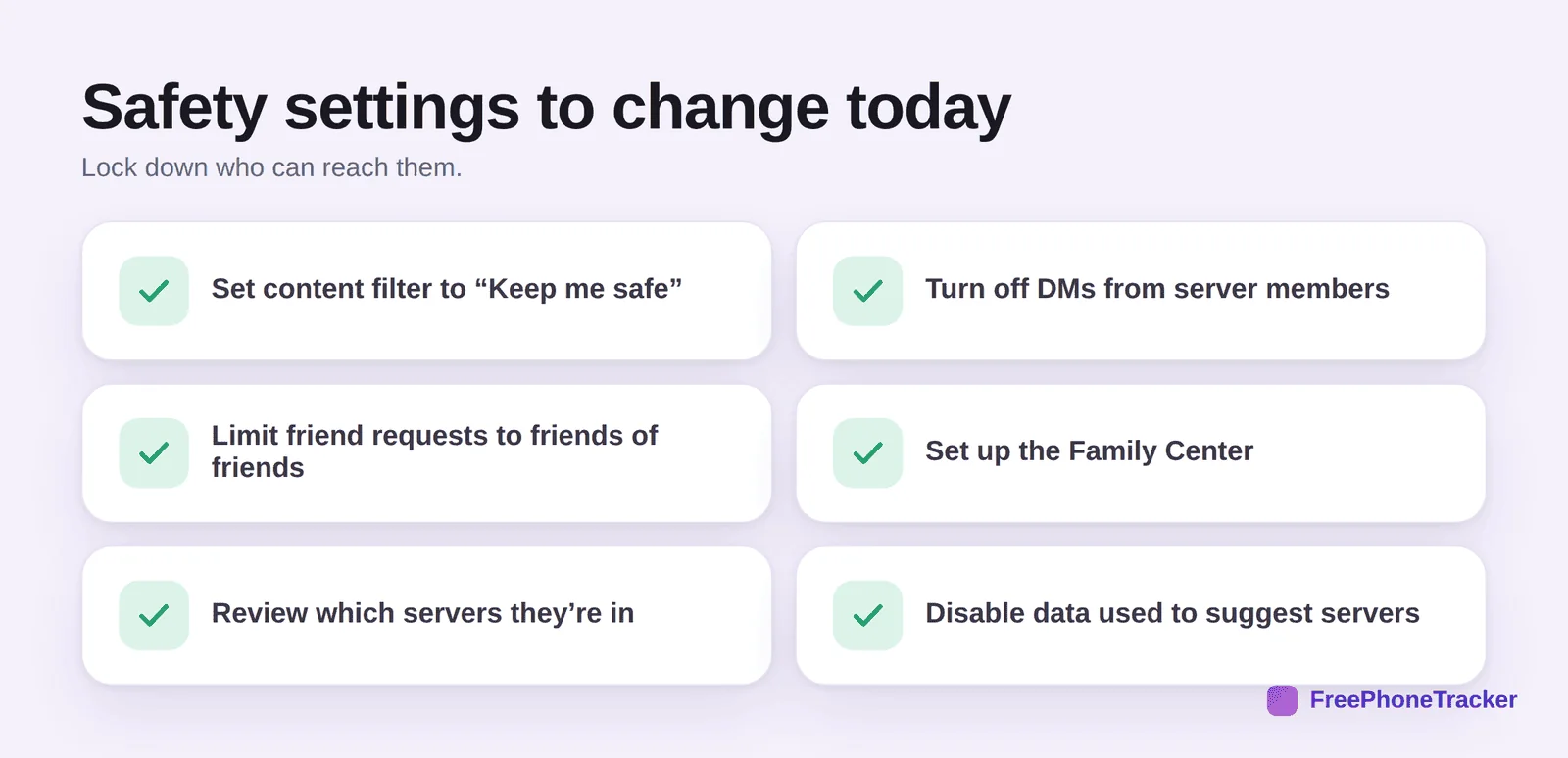 Discord safety settings: content filter to Keep me safe, DMs off from server members, limit friend requests, Family Center, review servers