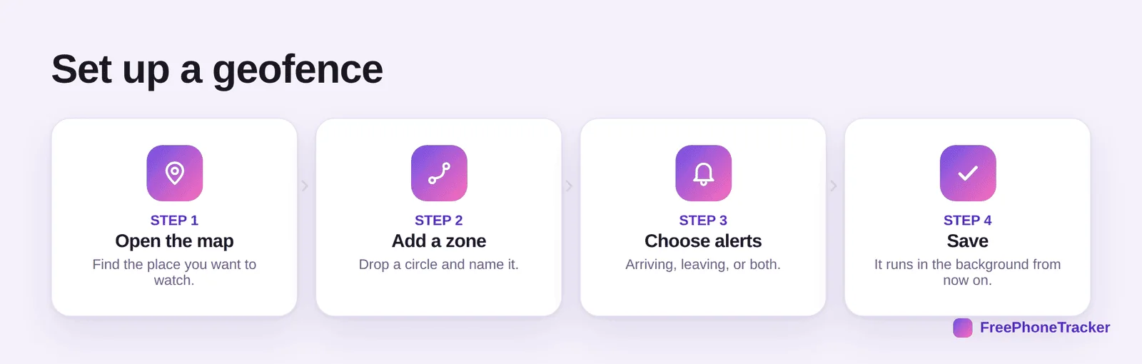 Set up a geofence: open the map, add a zone, choose alerts, save