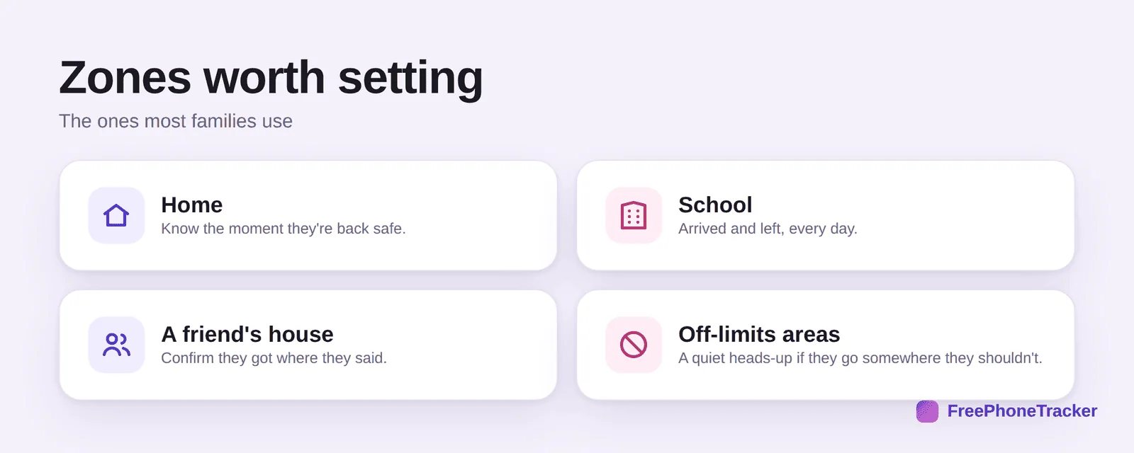 Zones worth setting: home, school, a friend's house, off-limits areas