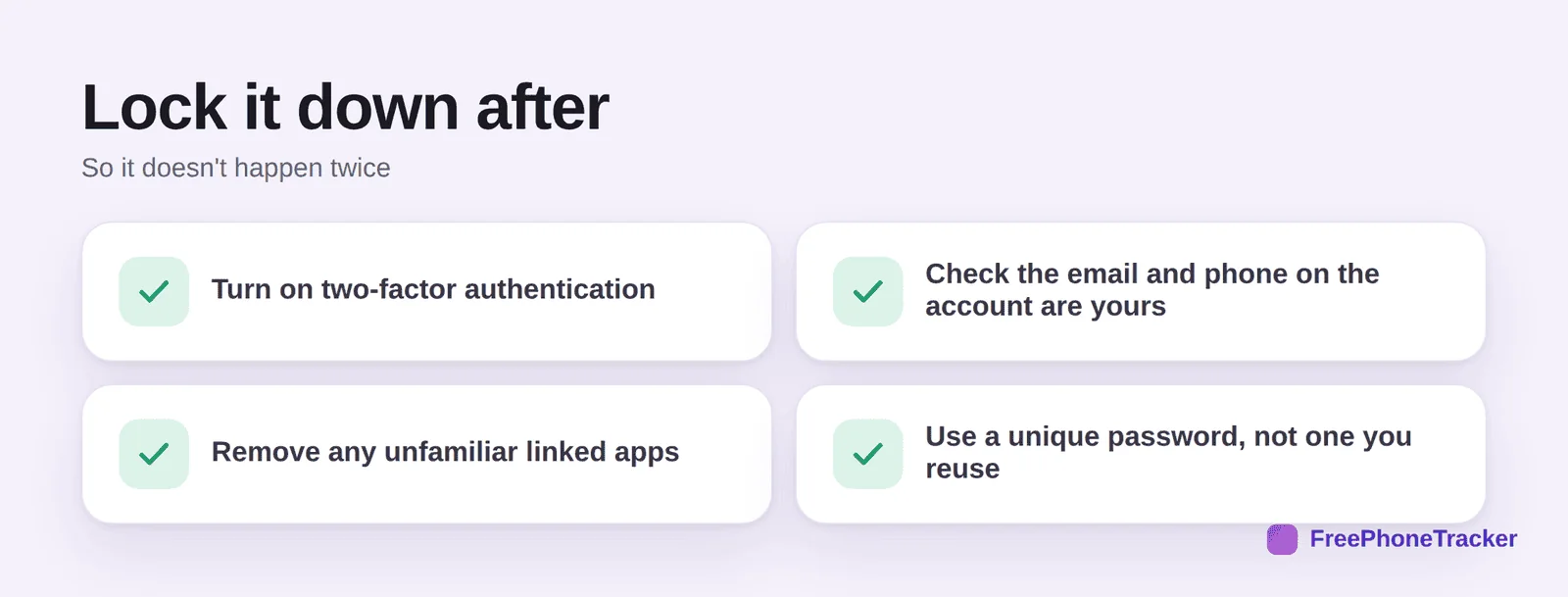 Secure Instagram after: two-factor, check email and phone, remove linked apps, unique password