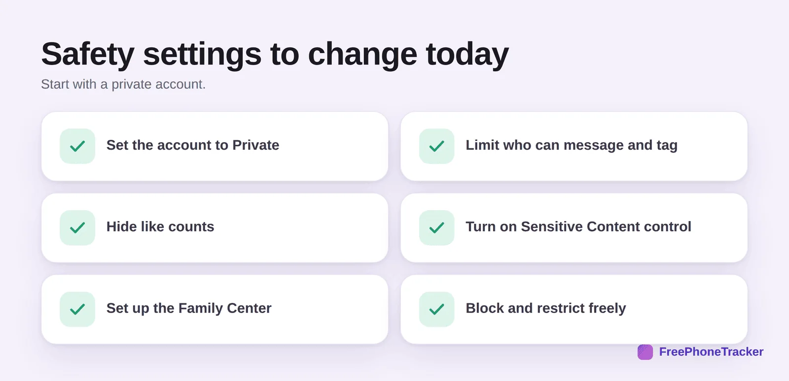 Instagram safety settings: private account, limit DMs, hide likes, sensitive content control, Family Center, block and restrict