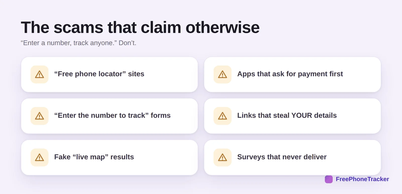 The scams: free locator sites, pay-first apps, enter-the-number forms, detail-stealing links