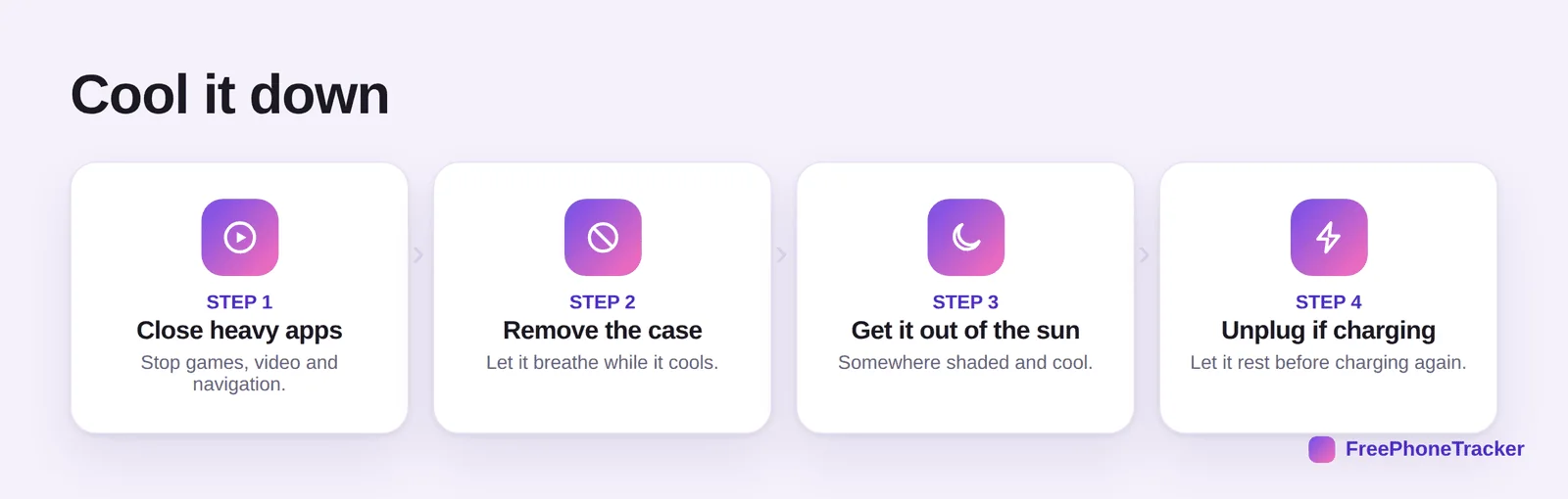 Steps to cool down: close heavy apps, remove the case, get it out of the sun, unplug if charging