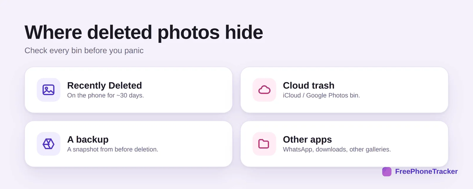 Where deleted photos hide: Recently Deleted, cloud trash, a backup, other apps
