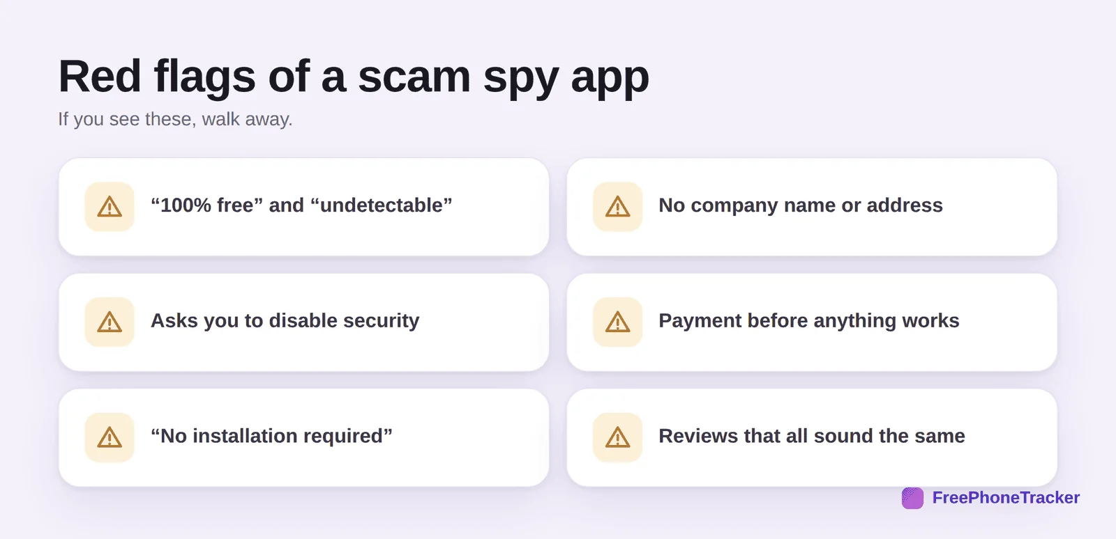 Red flags of a scam spy app: 100% free and undetectable, no company, disable security, pay first