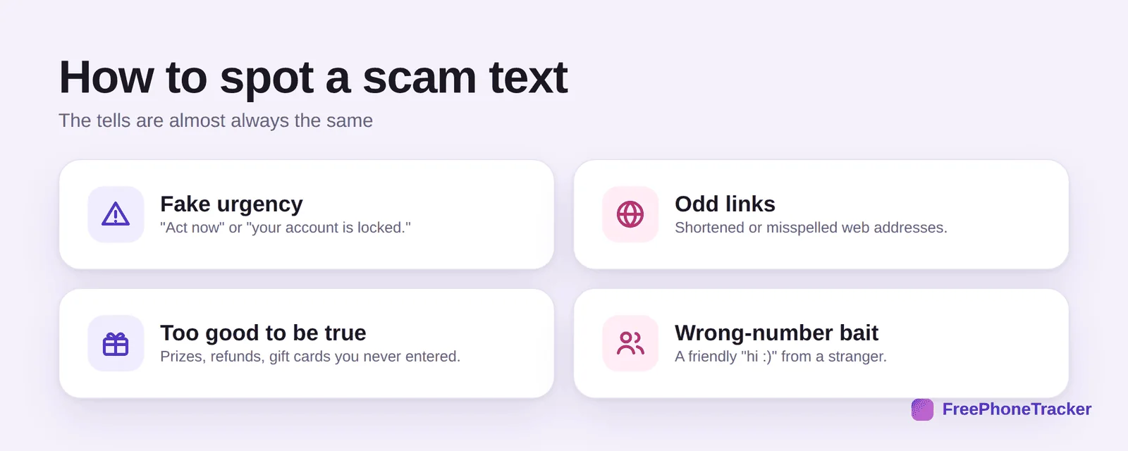 How to spot a scam text: fake urgency, odd links, too good to be true, wrong-number bait
