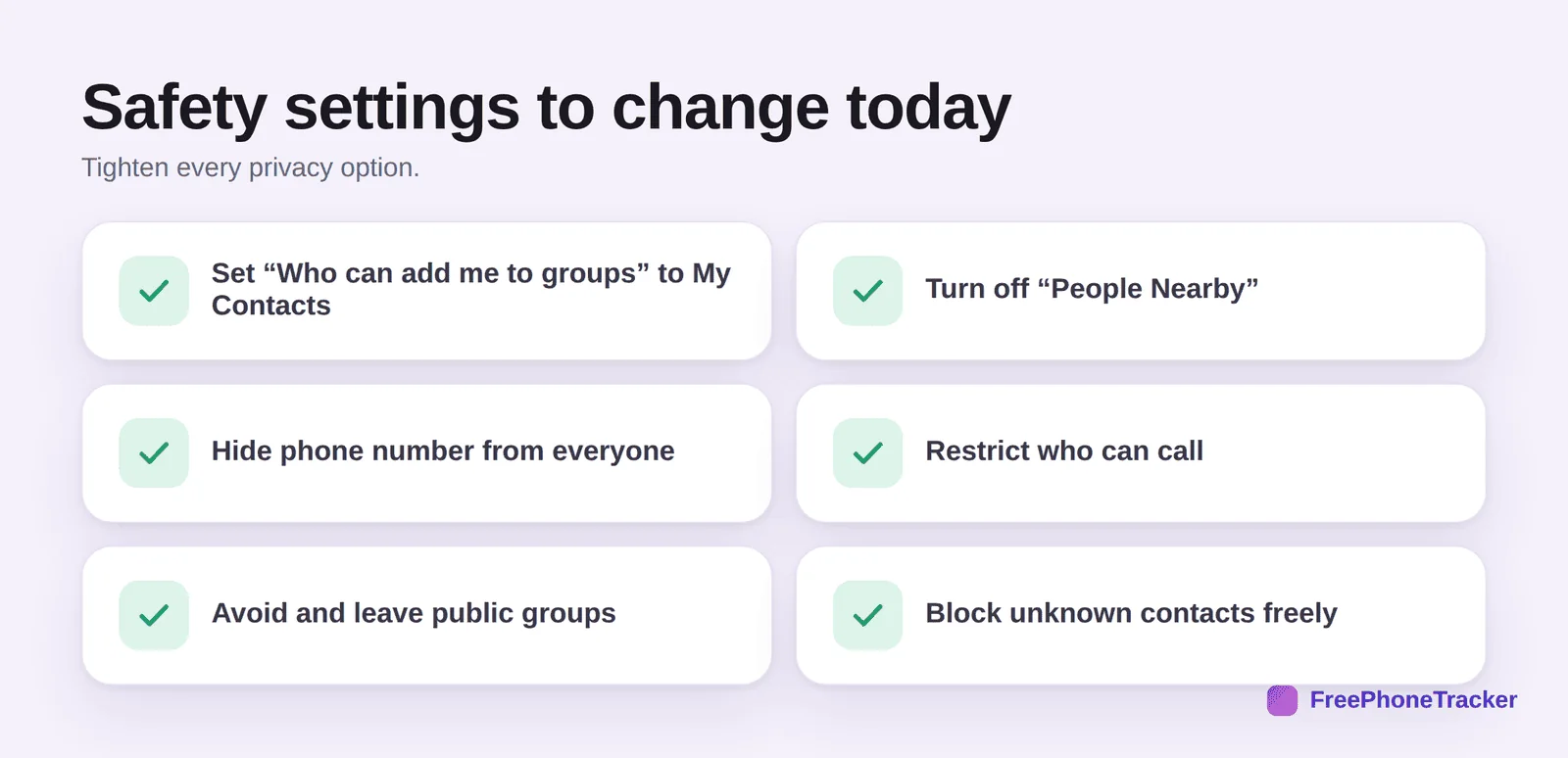 Telegram safety settings: groups to contacts only, People Nearby off, hide number, restrict calls, avoid public groups, block unknowns
