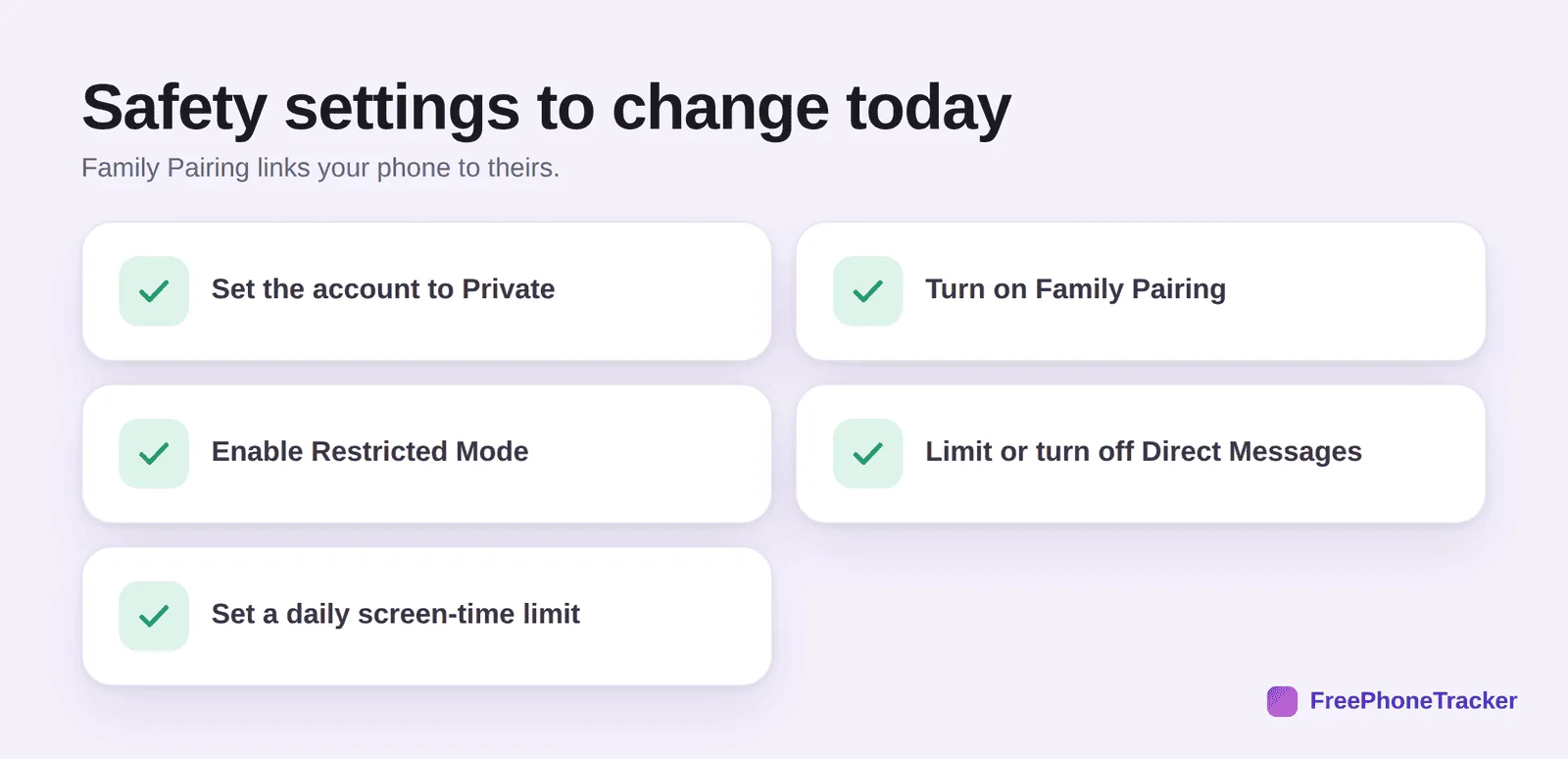 TikTok safety settings: private account, Family Pairing, Restricted Mode, DM limits, screen-time limit