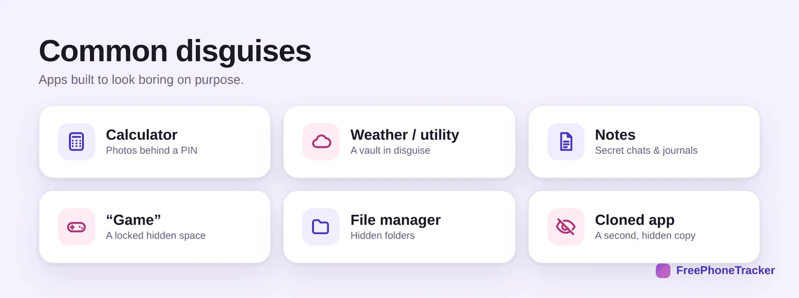 Common vault app disguises: calculator, weather, notes, game, file manager, cloned app