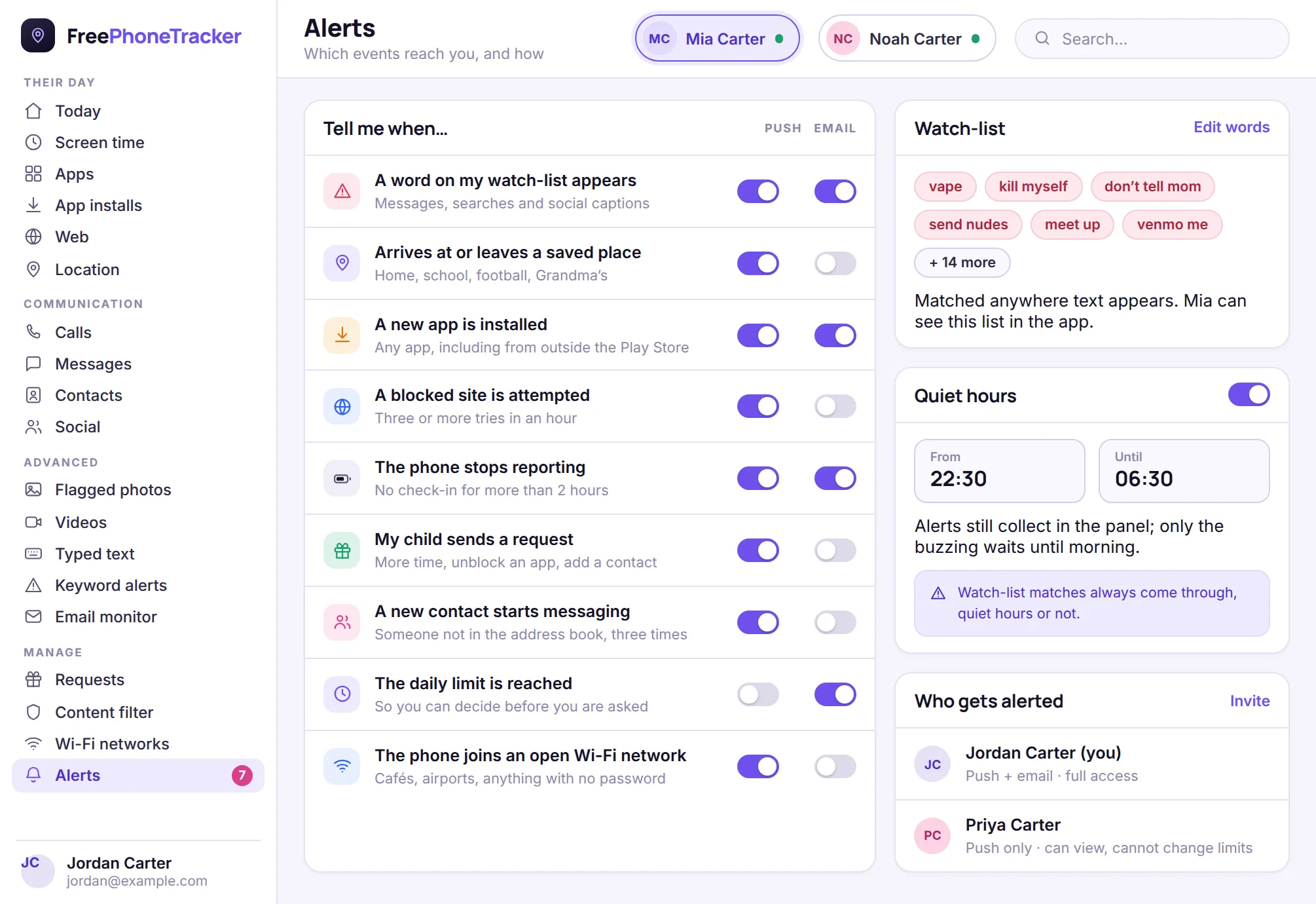 Alert settings in the panel with per-event push and email toggles, a keyword watch-list, quiet hours and the list of parents who are alerted