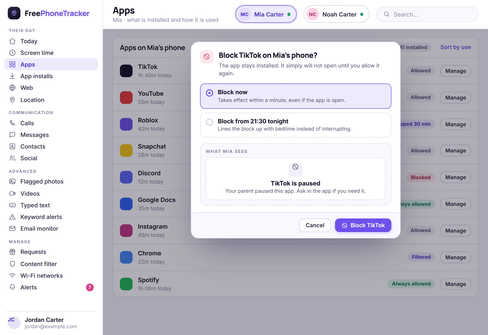 Blocking an app from the panel, with a confirmation dialog previewing the message the child will see on their phone