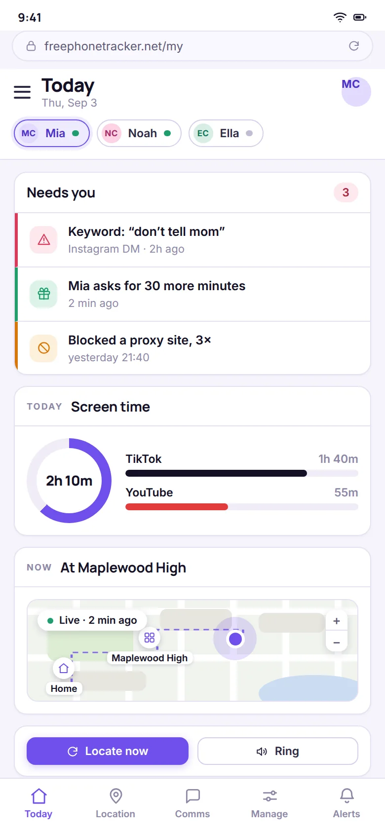 The FreePhoneTracker control panel open in a phone browser, with the Today screen and a bottom navigation bar
