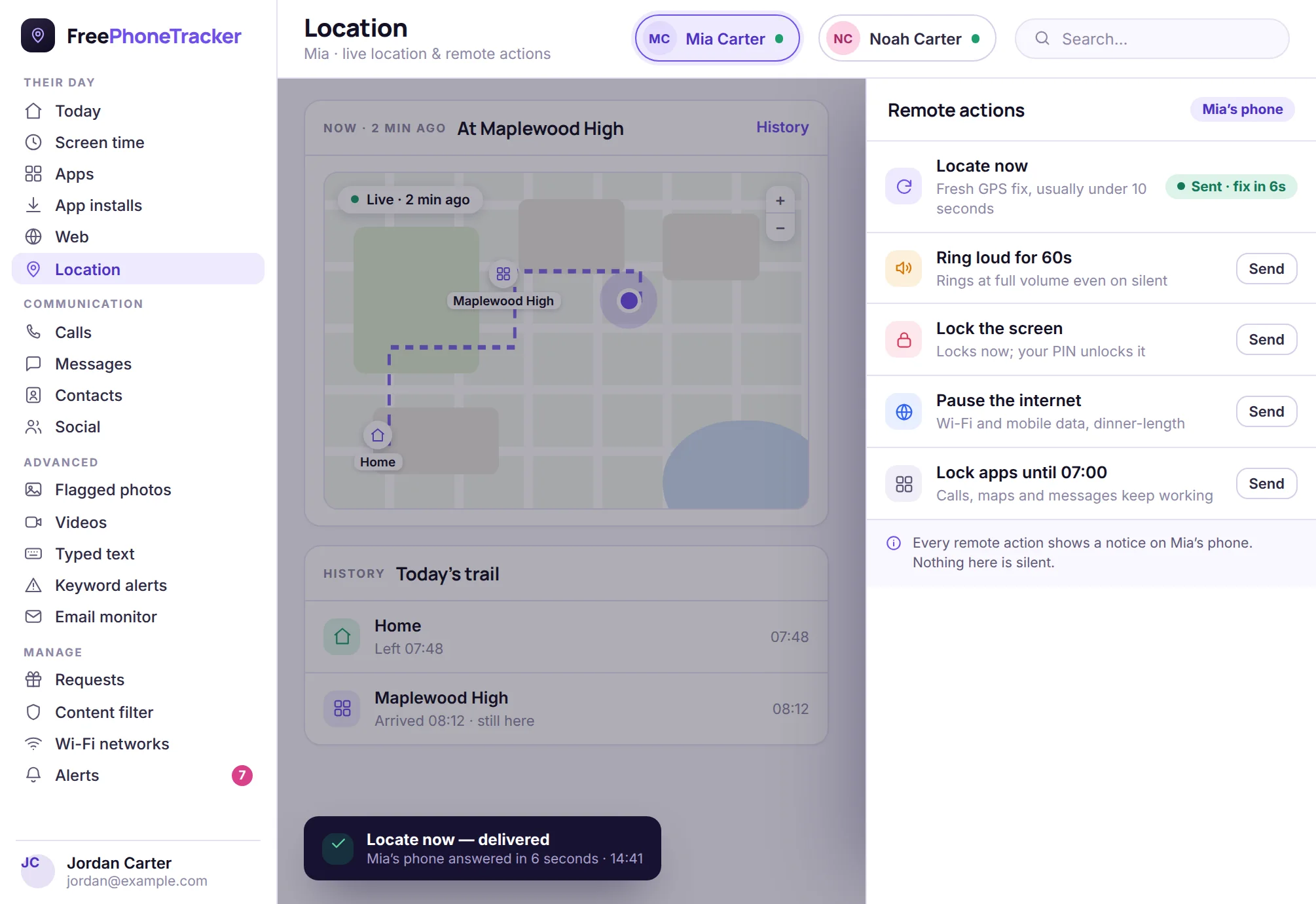 The remote actions drawer in the panel with locate, ring, lock, pause internet and lock apps, one of them showing as delivered