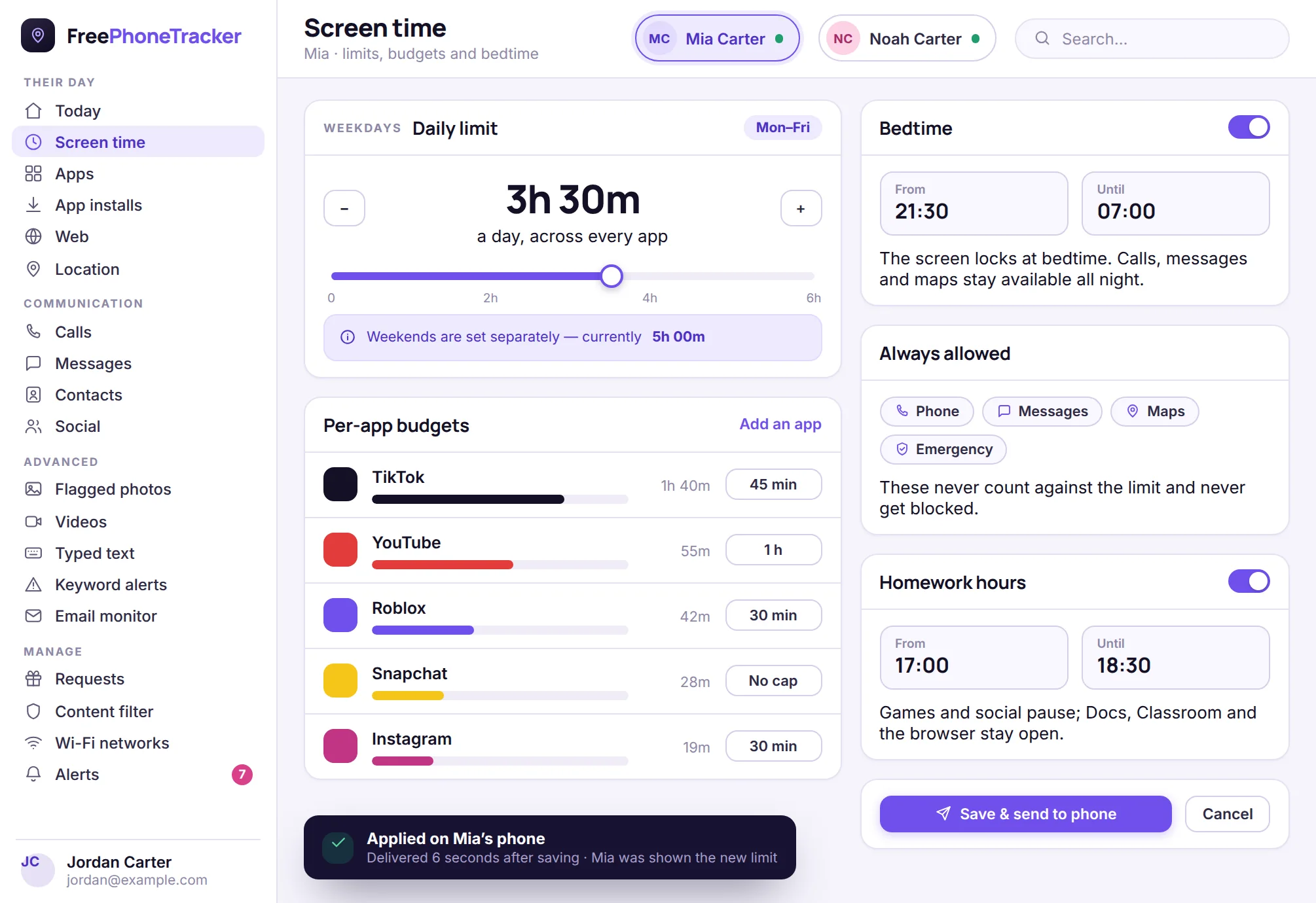 The screen time editor in the panel showing a daily limit slider, per-app budgets, bedtime and homework hours