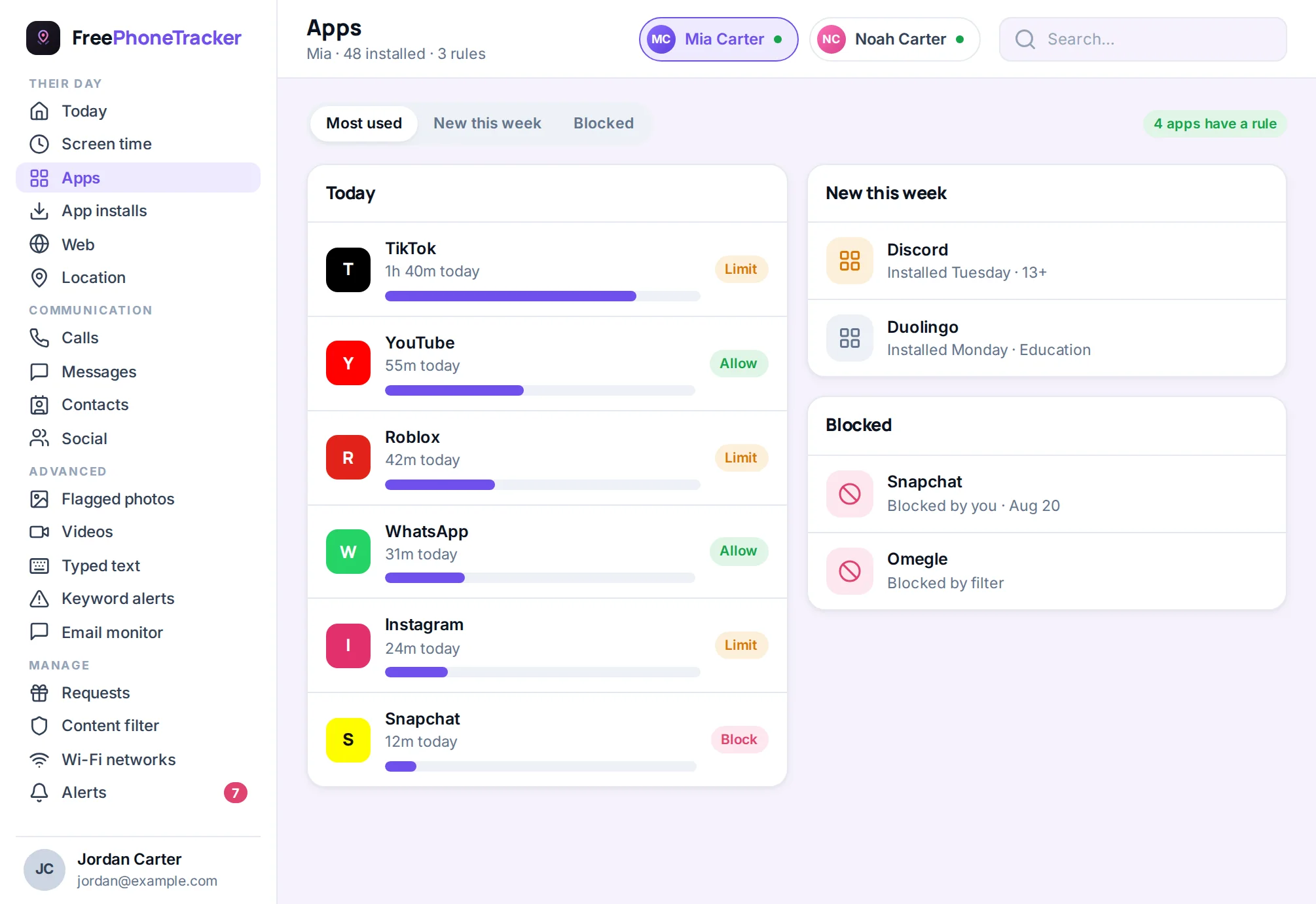 App list showing which apps count toward the budget and which are always allowed