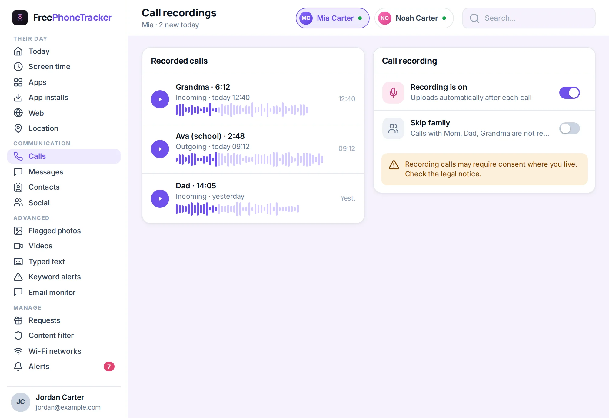 Recorded calls listed with a play button, contact, direction and duration