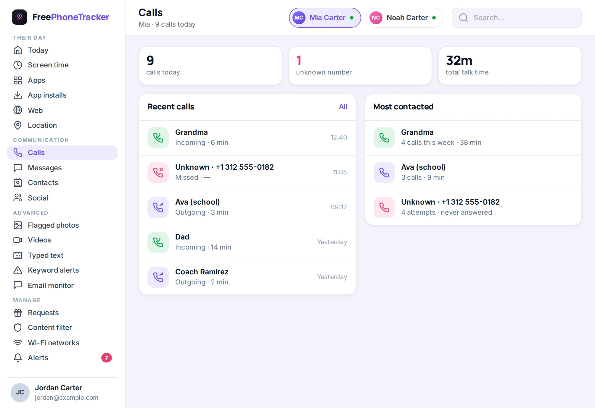 The call log in FreePhoneTracker showing incoming and outgoing calls with names, times and durations