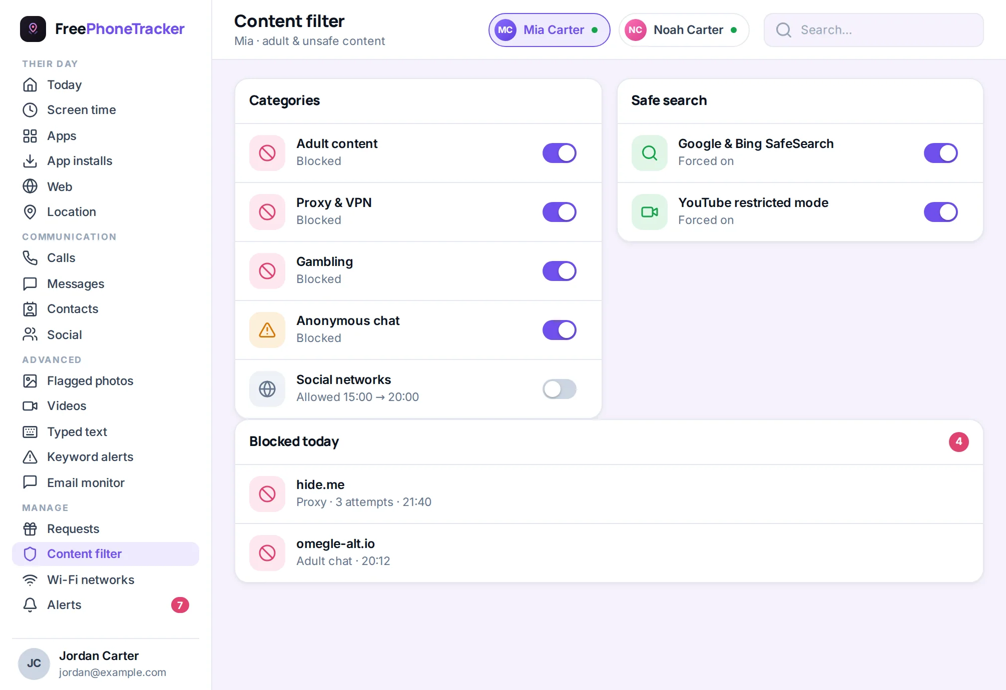 The content filter with category toggles for adult, gambling and other unsafe content