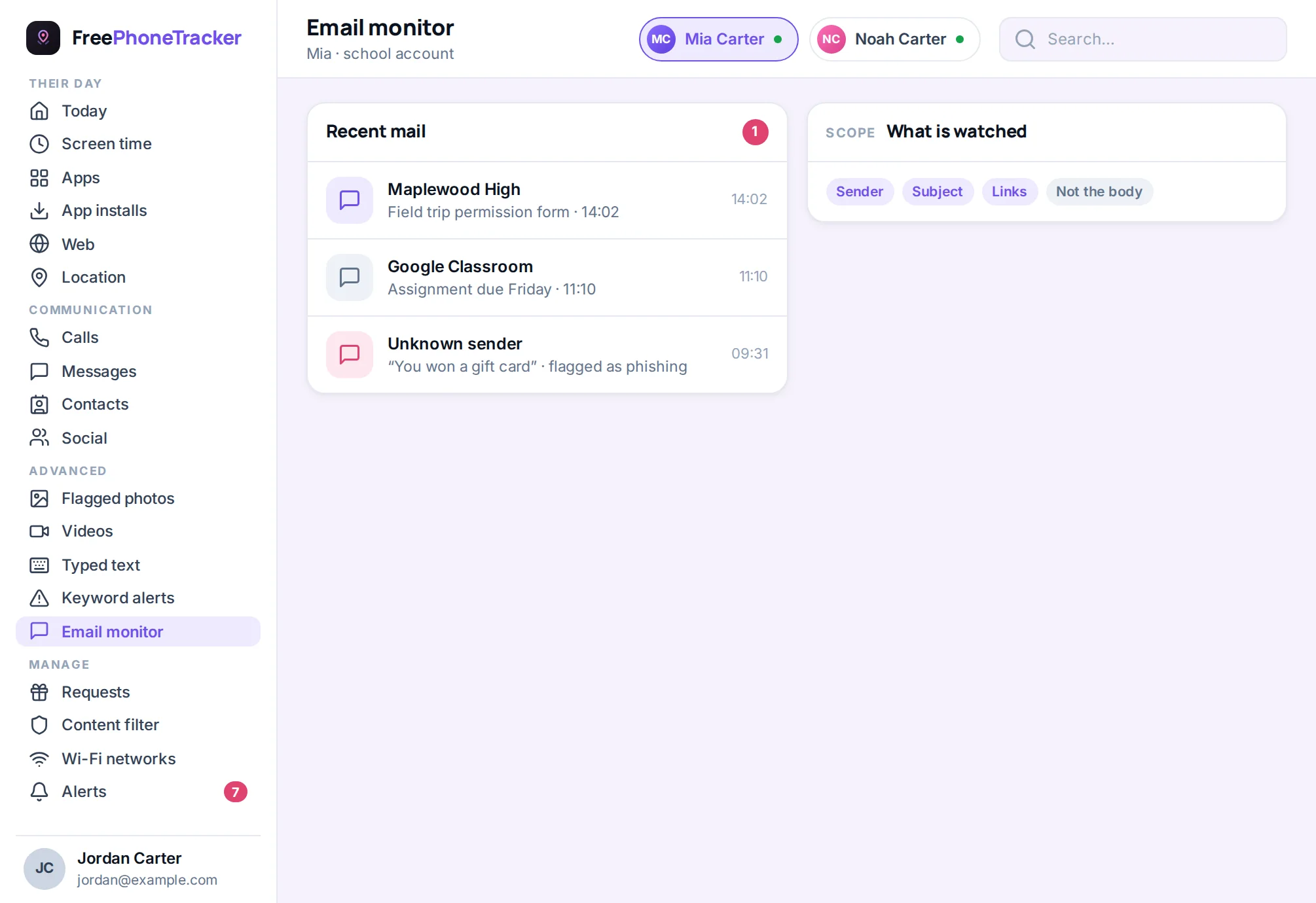 Email activity monitoring alongside social apps