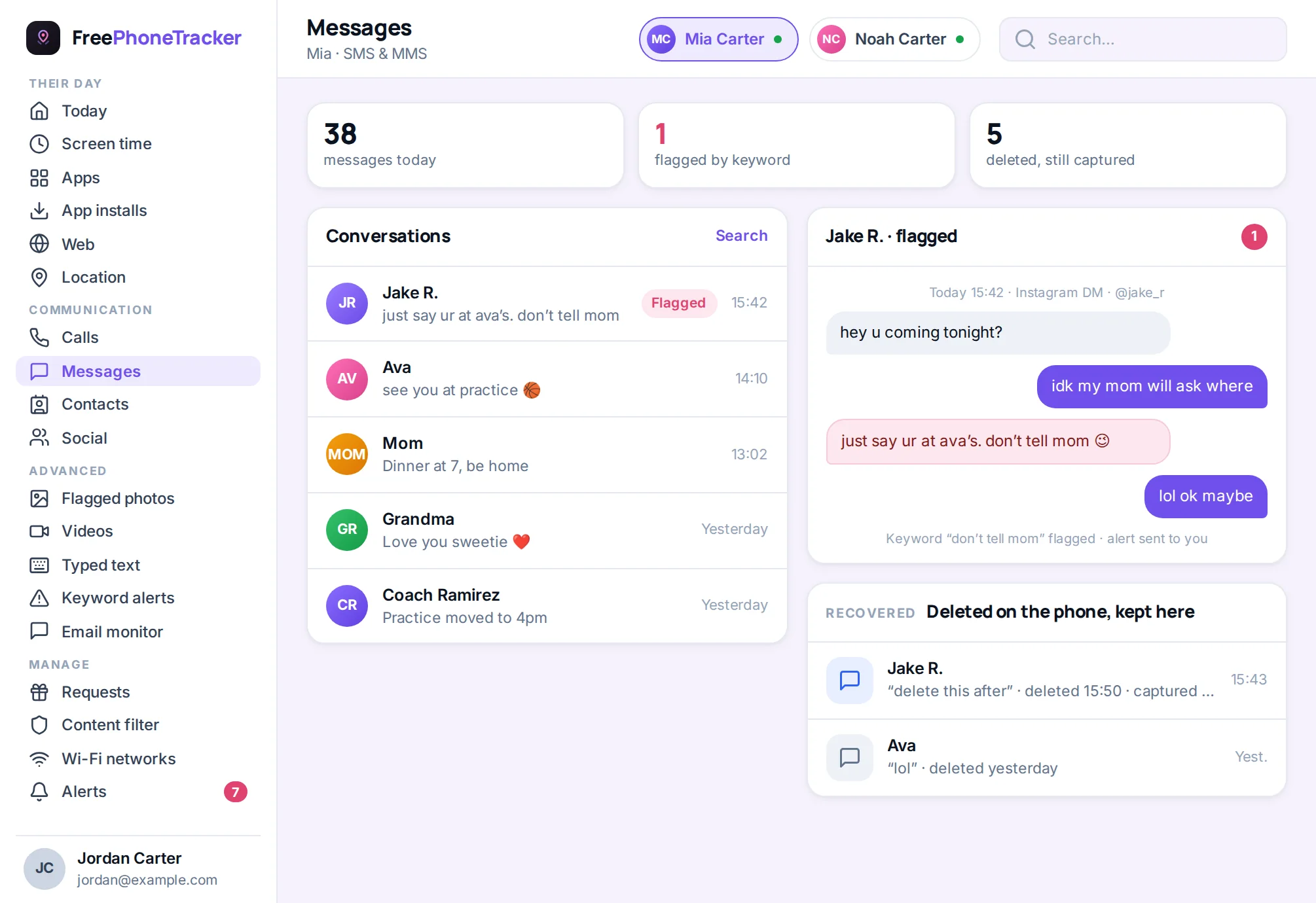 Message threads and call log shown together in the panel