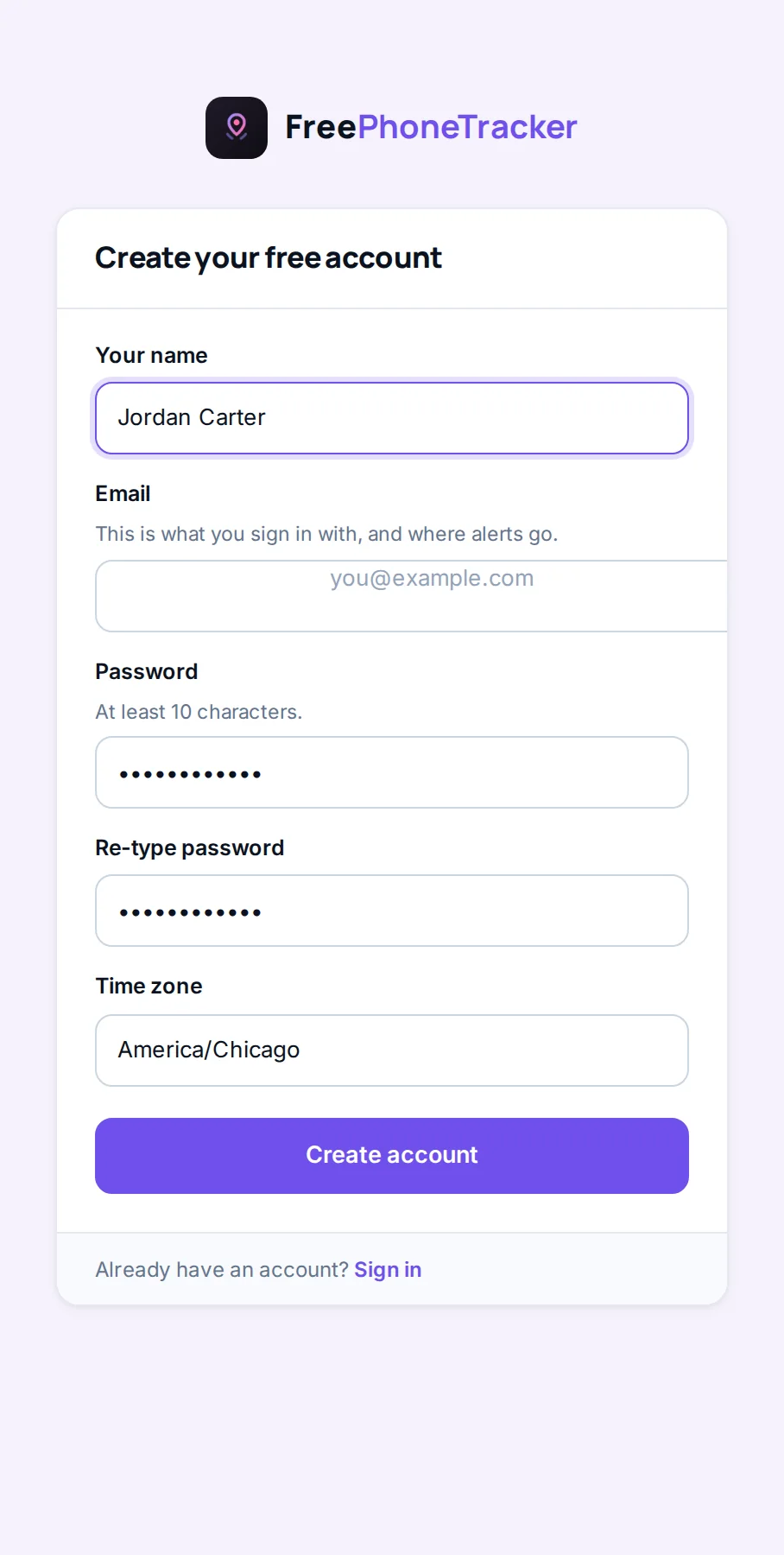 The FreePhoneTracker sign-up screen with name, email and password fields