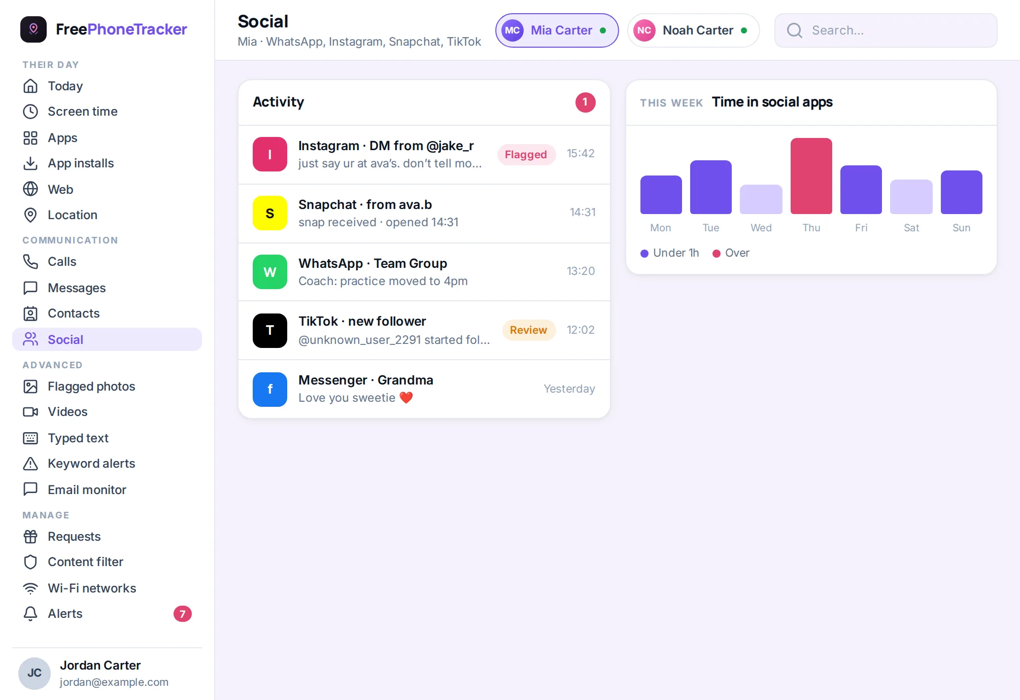 Social message activity from Instagram, Snapchat and other chat apps in FreePhoneTracker